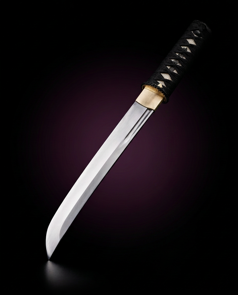 A Japanese tanto blade against a black background with a subtle deep-purple glow